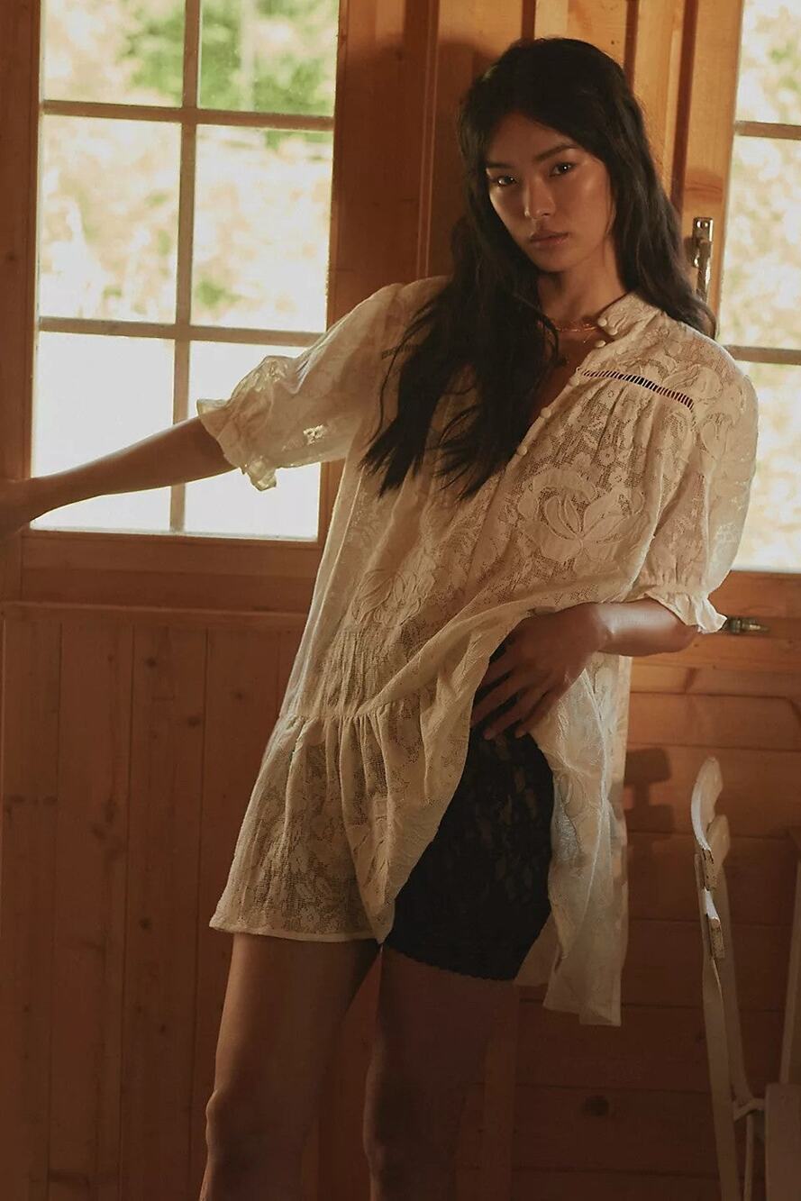 Porridge Tiered Lace Tunic Dress - XXS